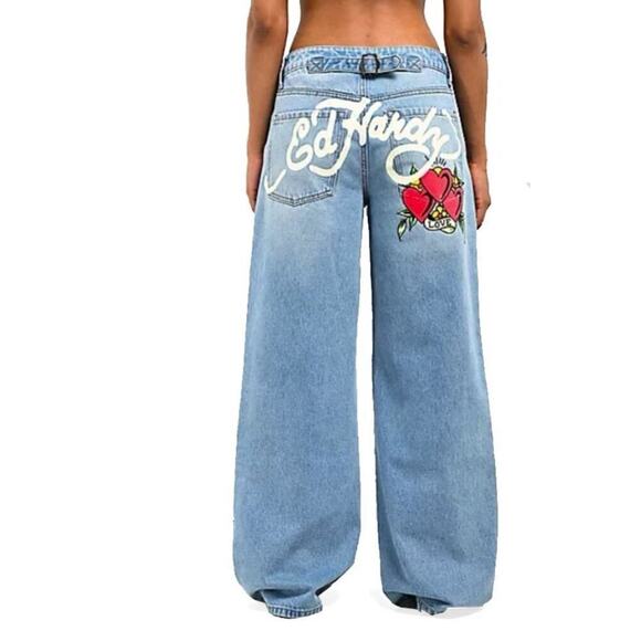 Ed Hardy Denim - Ed Hardy Baggy Loose Fit Retro Light Jeans Dagger Hearts Embroidered Spellout 32